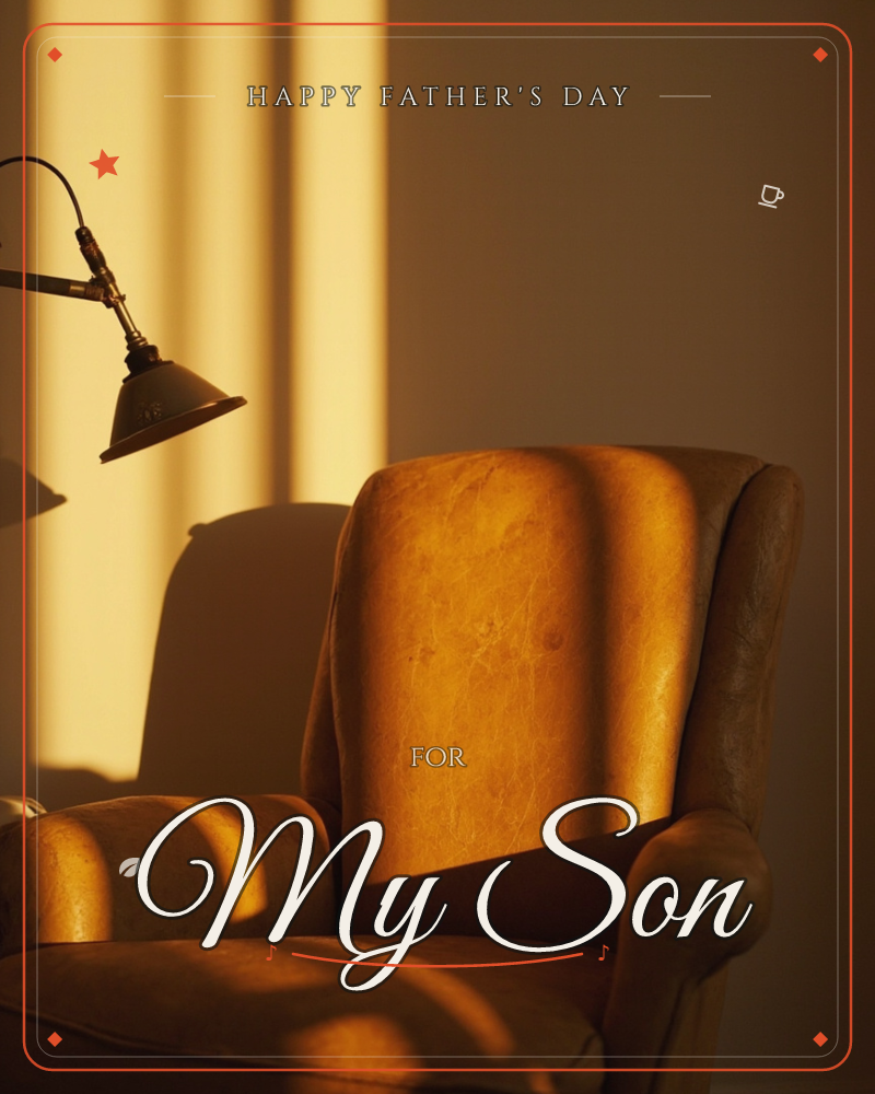 A leather armchair sits bathed in warm late-afternoon light, striped shadows from window blinds falling across its worn surface, a fathersday e-card design
