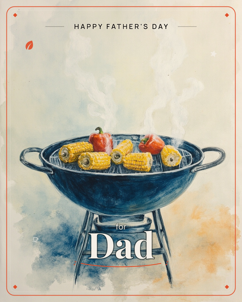 A round dark grill sits on slim legs, its bowl piled with corn cobs and two red peppers, thin curls of steam or smoke drifting upward, a fathersday e-card design
