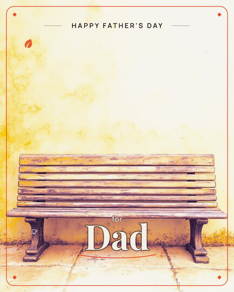 A weathered wooden bench with peeling paint sits empty against a sun-bleached ochre wall, its cast-iron legs resting on worn stone paving, a fathersday e-card design