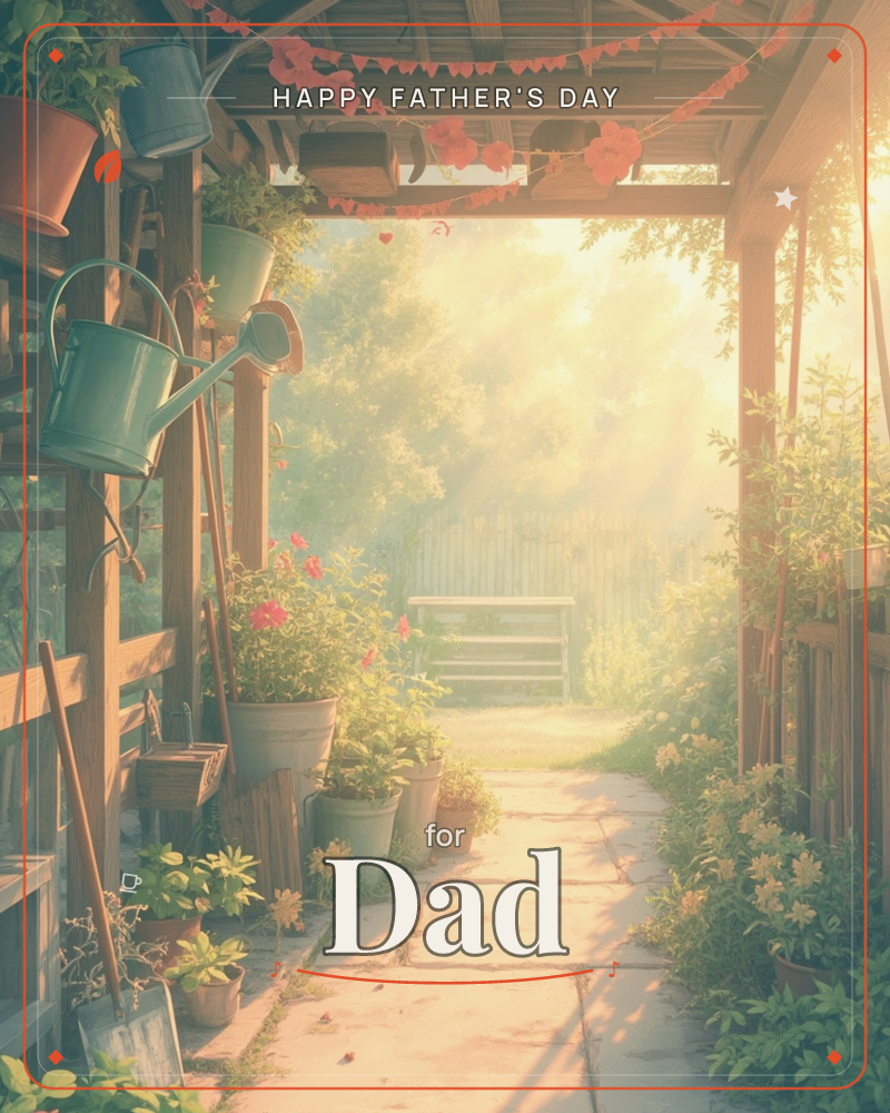 A rustic garden shed opens onto a sunlit path, its wooden beams strung with little heart bunting and hung with teal watering cans and terracotta pots, a fathersday e-card design