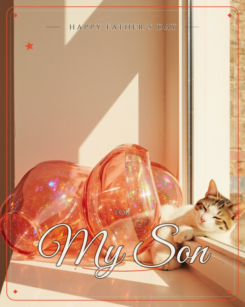 A cat naps on a sun-warmed windowsill beside two rounded pink glass vases, their surfaces scattering flecks of rainbow light across the wall, a fathersday e-card design