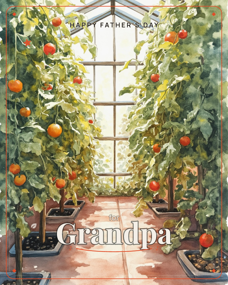A watercolour greenhouse interior glows with soft afternoon light pouring through a tall paned window at the far end, a fathersday e-card design