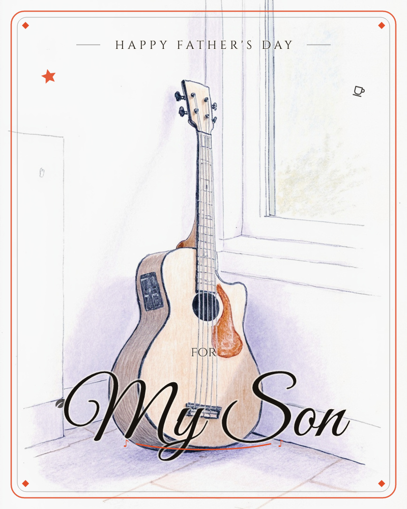 A pale wooden acoustic guitar leans quietly against a sunlit windowsill, its body sketched in fine ink lines and soft washed colour, a fathersday e-card design