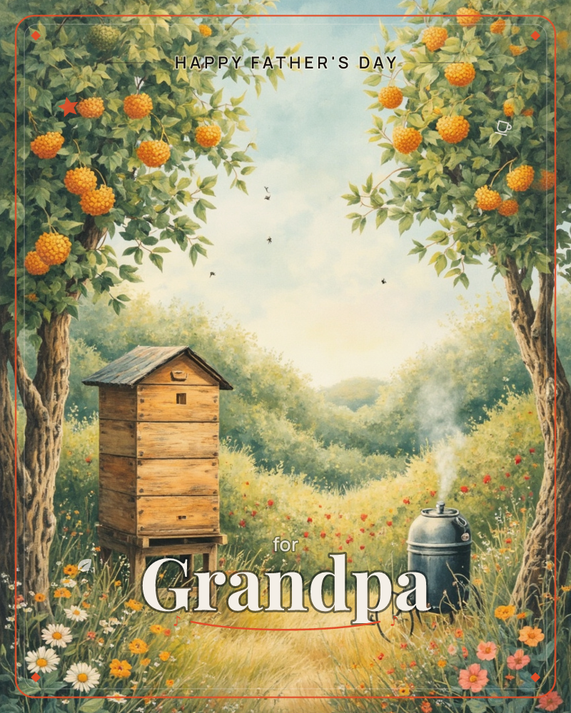 A wooden beehive stands in a sunlit orchard, framed by two trees heavy with round orange fruit and small bees drifting through the air, a fathersday e-card design