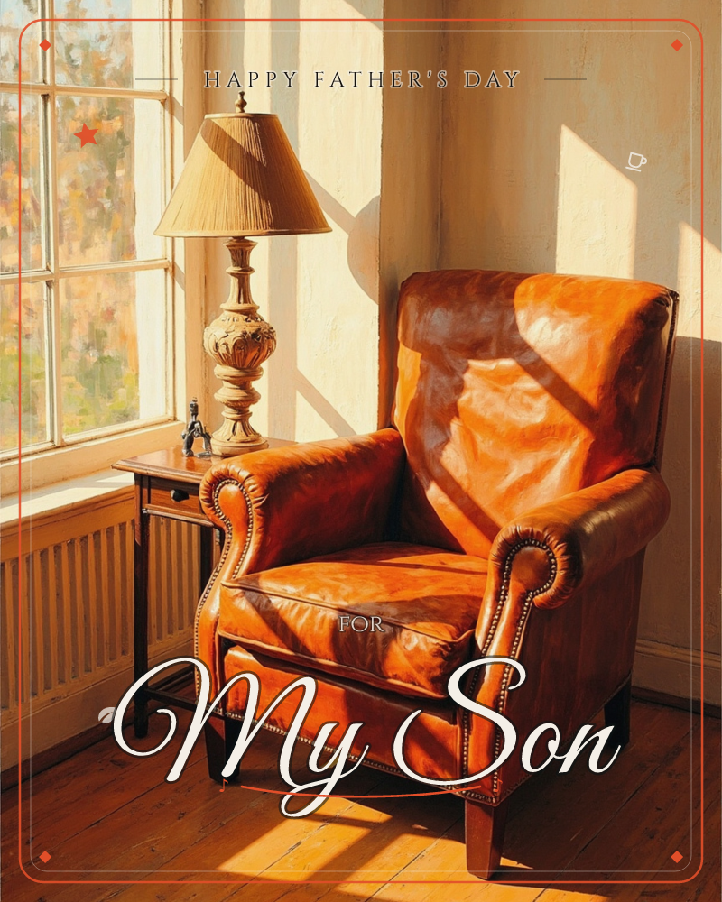 A worn leather wingback armchair sits in a sunlit corner beside a paned window, autumn foliage blurred beyond the glass, a fathersday e-card design
