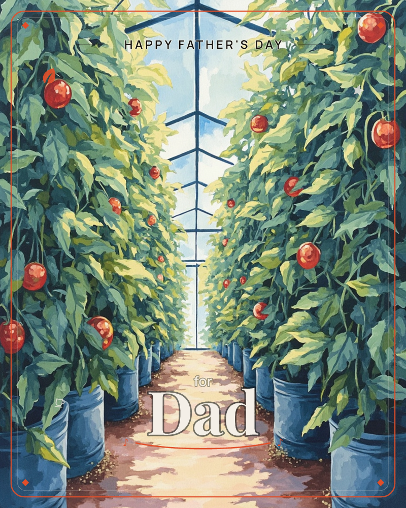 A greenhouse aisle stretches toward a bright glass peak, lined on both sides with tall tomato vines heavy with ripening red fruit in dark plastic pots, a fathersday e-card design