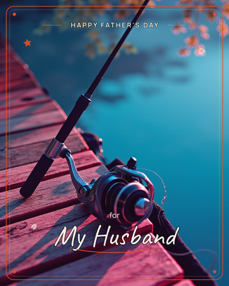 A fishing rod and reel rest diagonally across a weathered wooden dock, its planks glowing rose-pink in low light, a fathersday e-card design