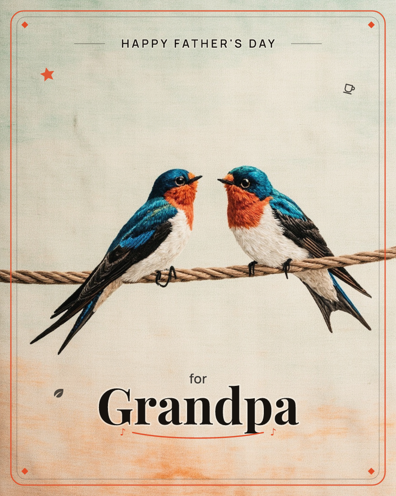 Two swallows with glossy blue backs and rust-orange throats perch face to face on a twisted rope, rendered in fine embroidery-like stitching on linen, a fathersday e-card design