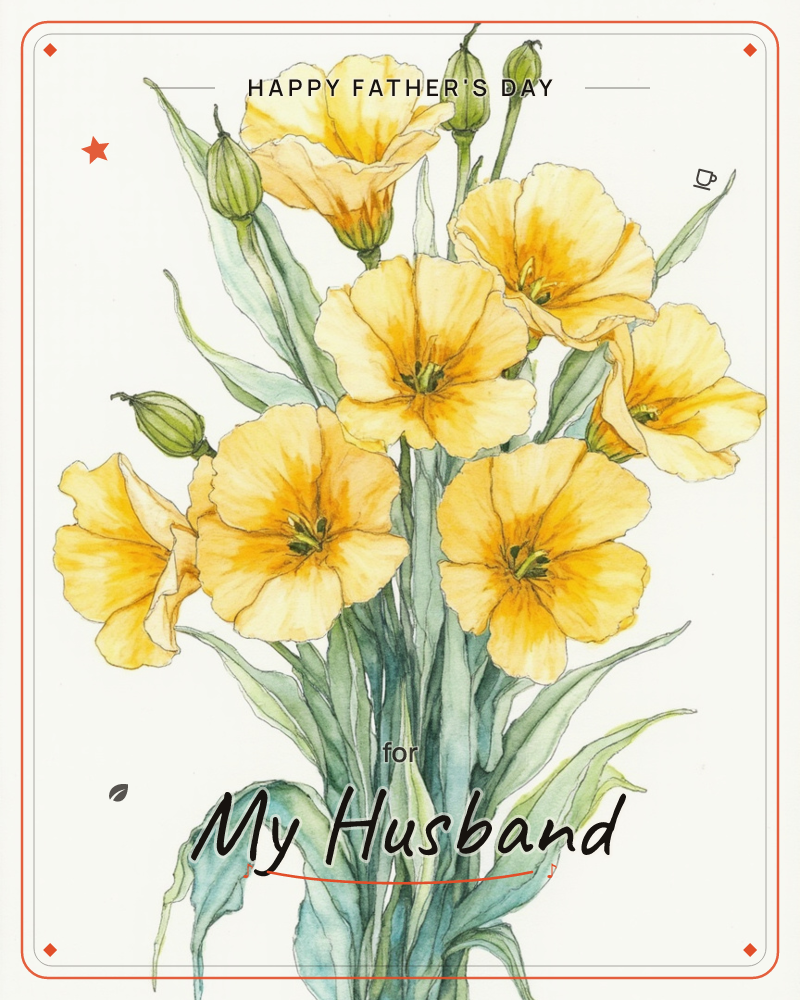 A cluster of pale yellow poppy-like blooms opens on slender sage-green stems, with a few rounded seed pods still tightly closed among them, a fathersday e-card design