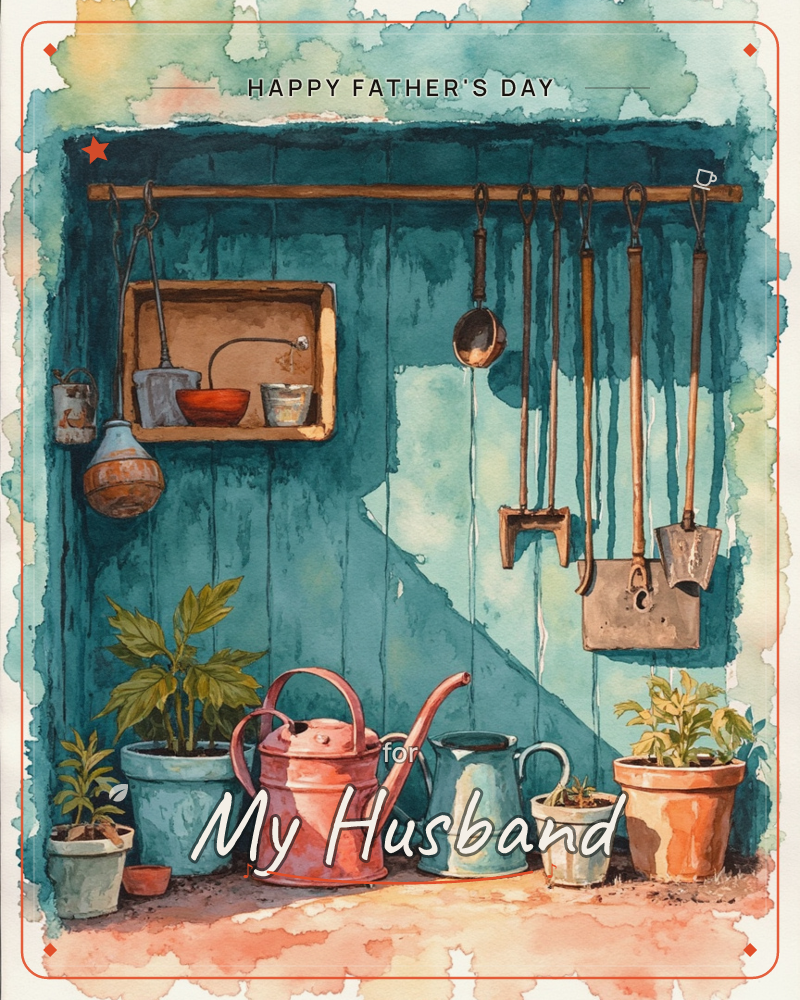 A weathered teal potting-shed wall holds a rail of hand tools and hanging pots, with a small wooden shelf of scoops and trowels above a row of…, a fathersday e-card design