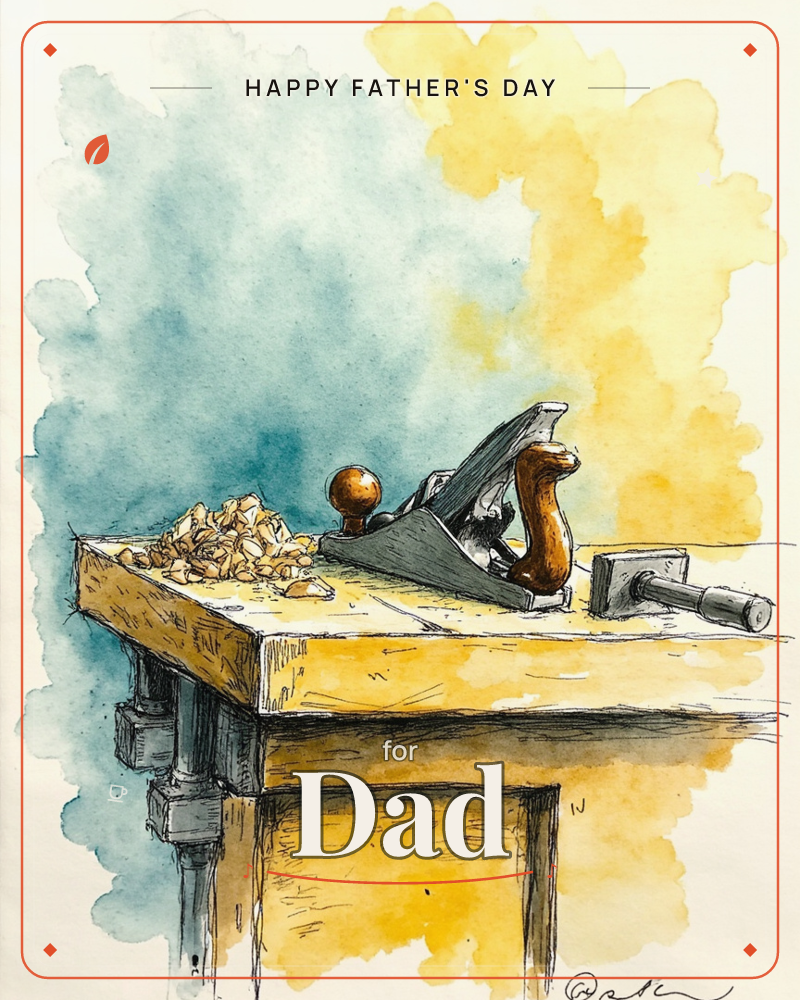 A wooden workbench holds a hand plane with a dark knob and warm-toned handle, resting beside a small metal clamp and a scatter of curled wood shavings, a fathersday e-card design