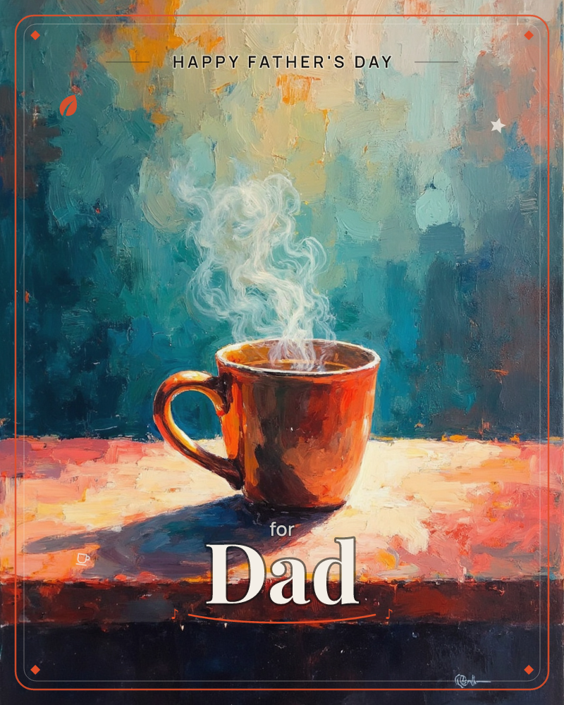 A single terracotta mug sits on a sunlit ledge, steam curling upward in soft loops against a textured teal and gold background, a fathersday e-card design