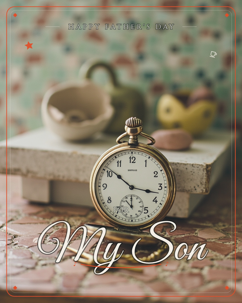 A brass pocket watch stands open on a terracotta tiled surface, its cream face and black hands catching a soft, warm light, a fathersday e-card design