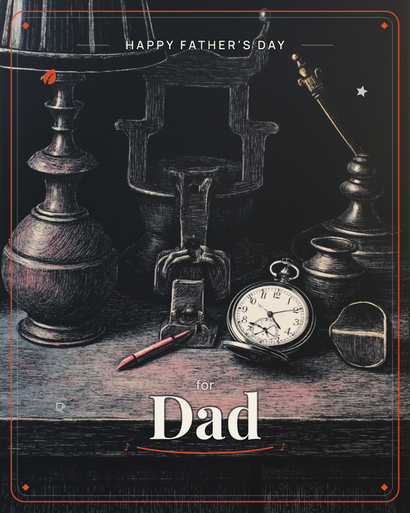 A finely etched still life shows a dark wooden desk crowded with old-fashioned objects: a turned lamp base, a small chair, a pocket watch lying open…, a fathersday e-card design