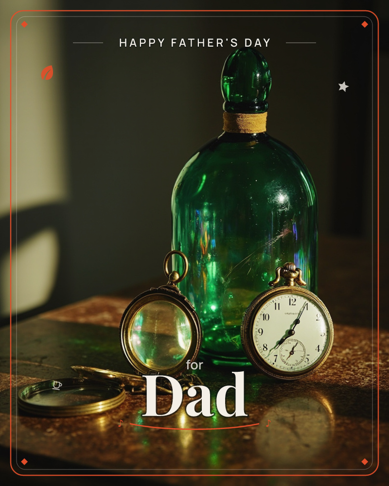 A green glass bottle catches a shaft of warm light on a weathered marble tabletop, flanked by an antique brass pocket watch and a matching folding…, a fathersday e-card design