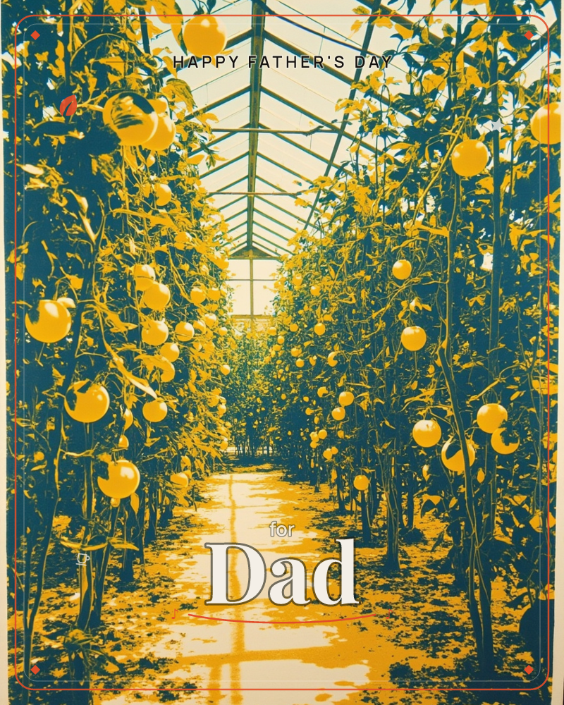 A greenhouse walkway stretches into the distance, lined with tall vines heavy with round golden fruit, rendered in bold two-tone teal and yellow, a fathersday e-card design