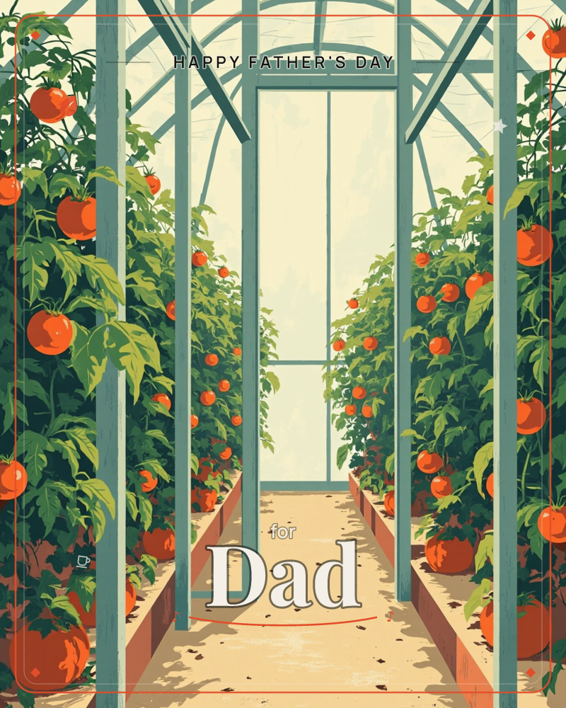 A glasshouse aisle stretches toward a pale arched window, teal-framed panes rising overhead in tidy rows, a fathersday e-card design