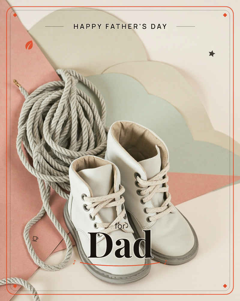 A pair of small pale-grey leather lace-up boots stands beside a coiled length of thick cotton rope, arranged on a backdrop of layered scalloped paper…, a fathersday e-card design