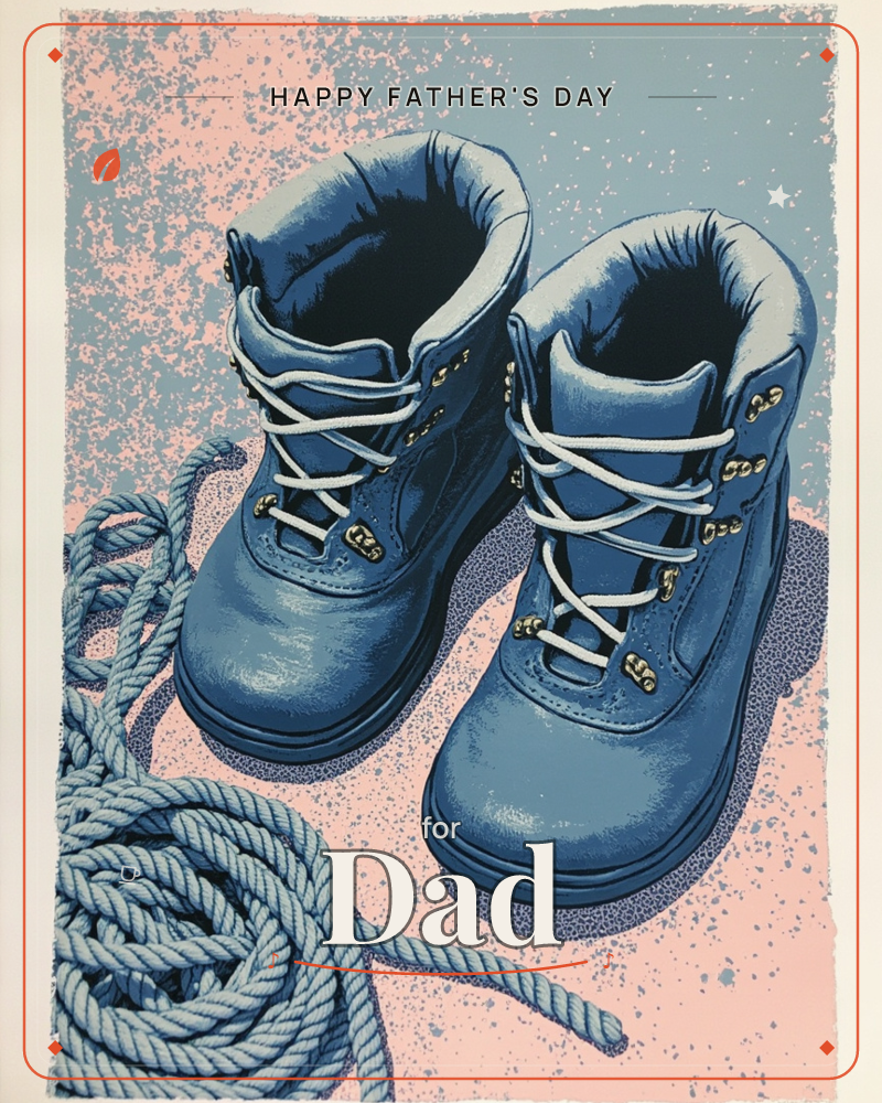 A pair of sturdy lace-up boots stands beside a coiled length of rope, all rendered in bold blue tones against a speckled pink and grey backdrop, a fathersday e-card design