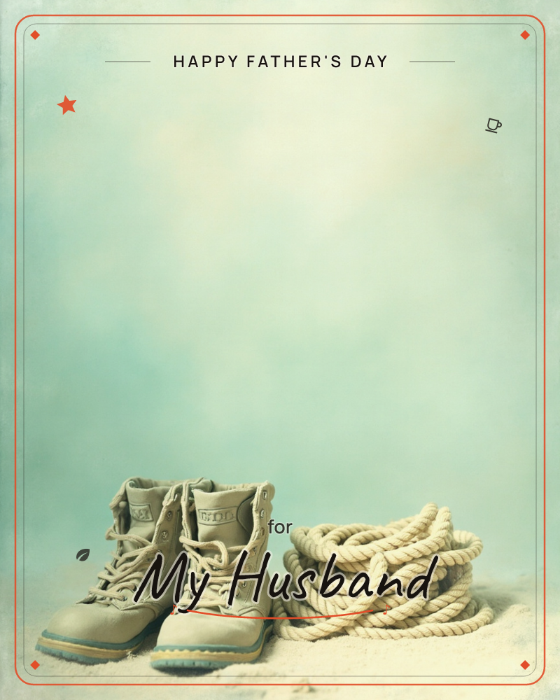 A worn pair of lace-up work boots stands beside a neatly coiled rope, both set on pale sand against a soft, textured teal-blue backdrop, a fathersday e-card design