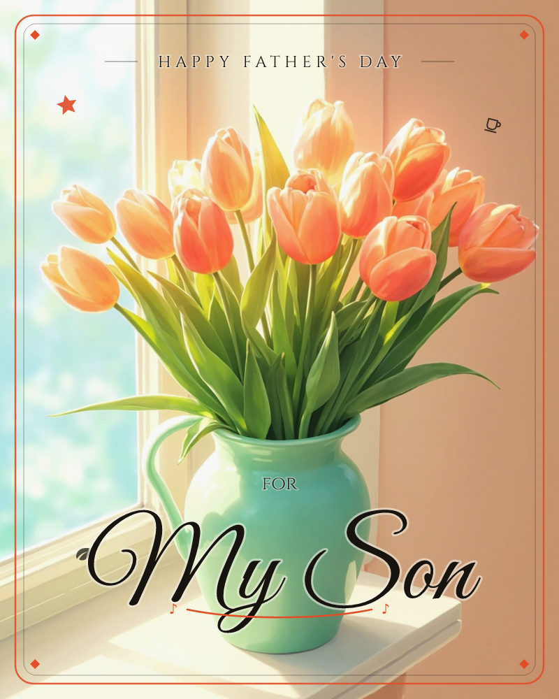 A mint-green ceramic pitcher overflows with peachy-orange tulips, set on a sunny windowsill beside warm coral walls, a fathersday e-card design