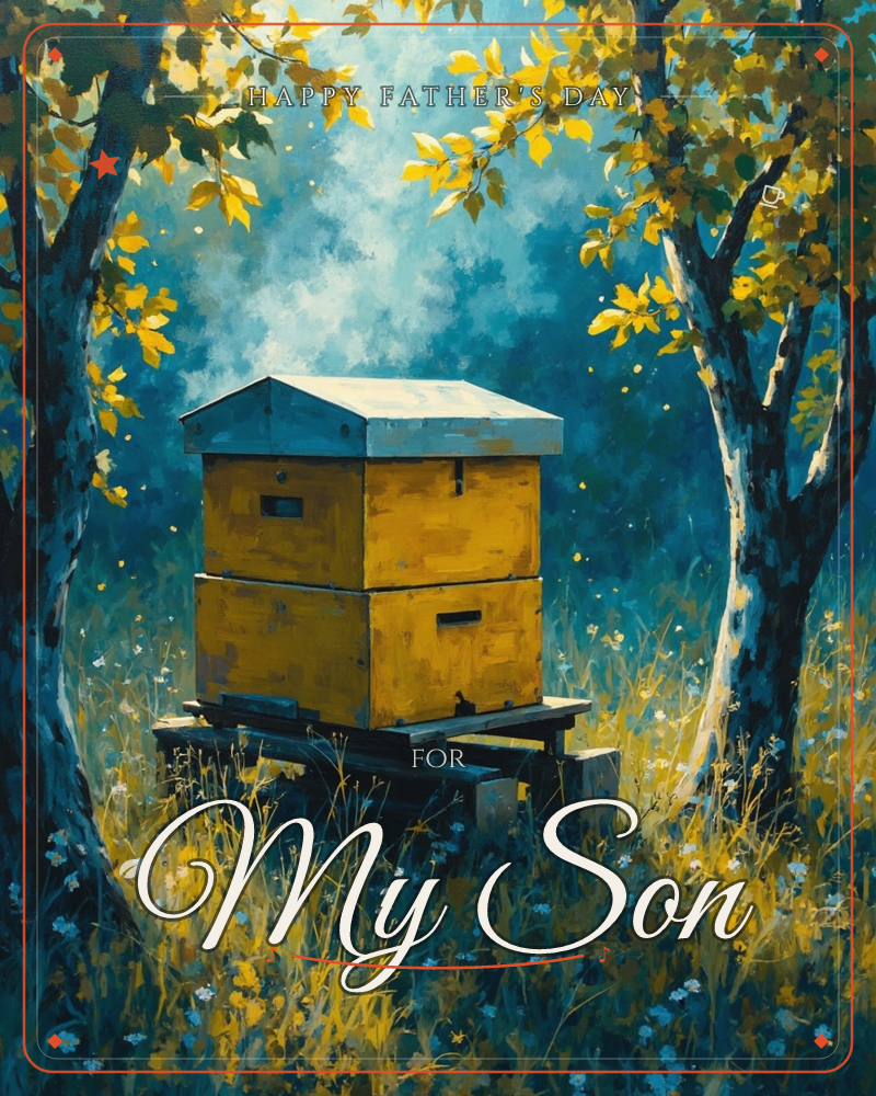 A wooden beehive glows golden between two slender trees, their leaves catching a soft light against a deep blue-green dusk, a fathersday e-card design