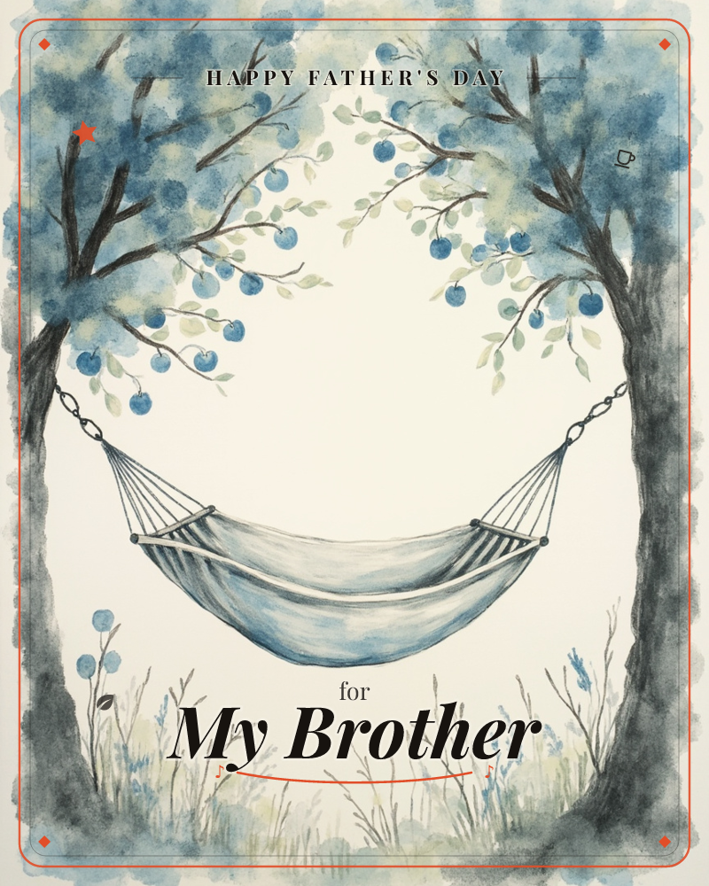 An empty hammock hangs strung between two dark, moss-tangled trees, their branches arching overhead heavy with round blue fruit, a fathersday e-card design