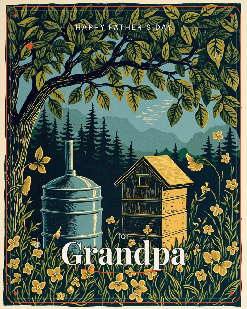 A woodland clearing at dusk holds a metal water tank and a wooden beehive shaped like a tiny cabin, framed by an overhanging tree and wildflowers, a fathersday e-card design