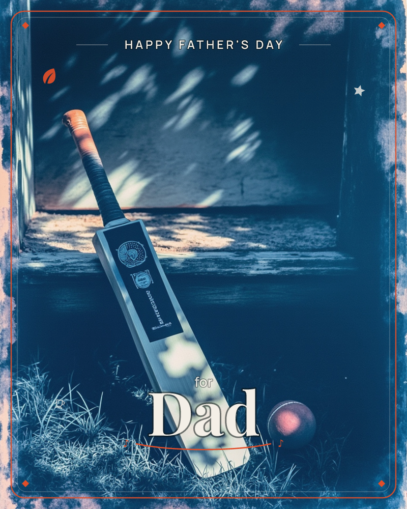 A cricket bat leans against a weathered wooden window ledge, its blade dappled with leafy shadow and sunlight, a worn red ball resting in the grass…, a fathersday e-card design
