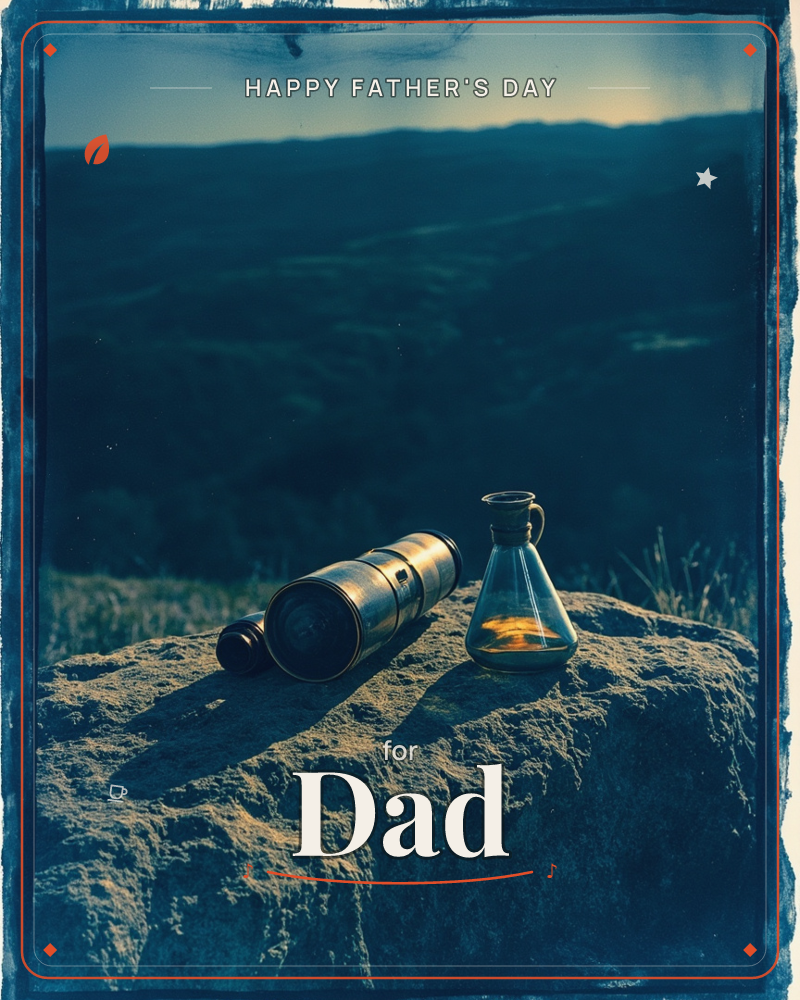 A brass telescope and a glass flask holding a flickering flame rest atop a moss-covered boulder, silhouetted against layered blue hills fading into dusk, a fathersday e-card design