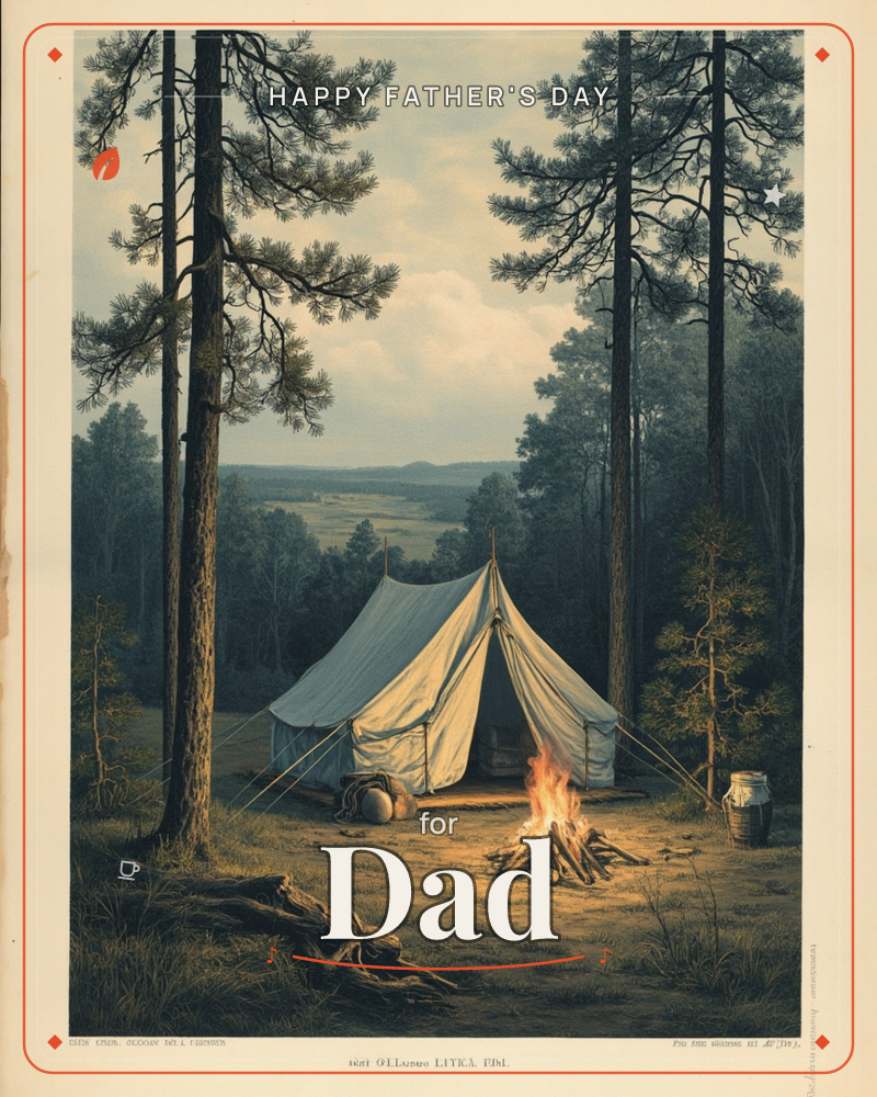 A canvas tent is pitched in a clearing among tall pines, its guy-ropes staked into the bare earth, with a small campfire crackling just outside the…, a fathersday e-card design