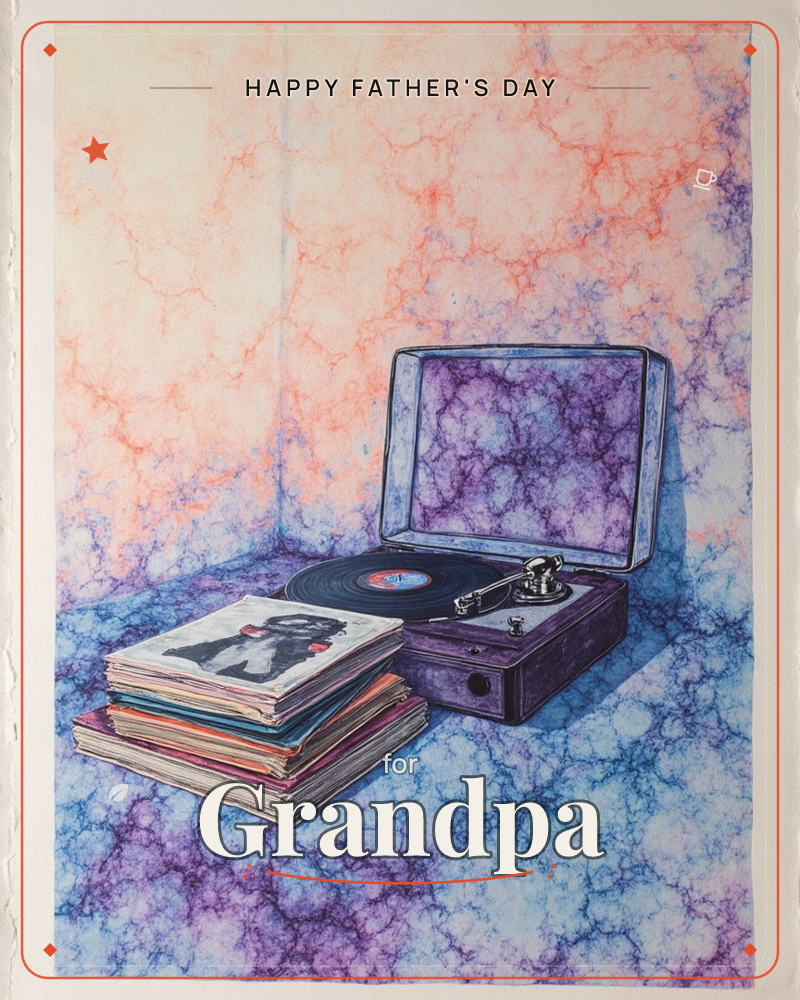 A vintage suitcase record player sits open with a vinyl spinning, beside a leaning stack of album sleeves in worn, colourful covers, a fathersday e-card design