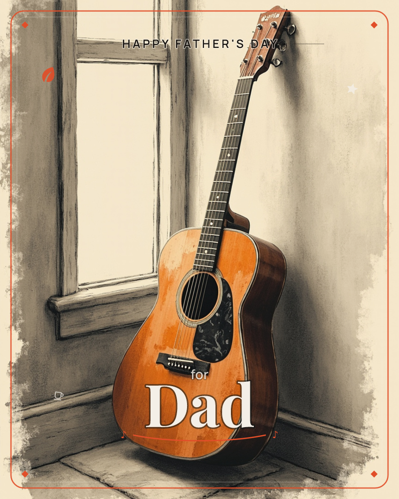 An acoustic guitar leans against a weathered wall beside an old window, its honey-brown wood glowing against the muted sepia room, a fathersday e-card design