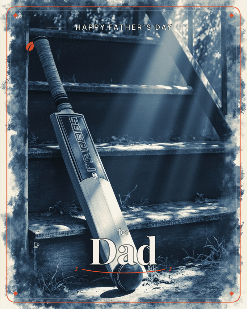 A cricket bat leans against an old weathered wooden staircase, a shaft of light cutting diagonally across the steps behind it, a fathersday e-card design