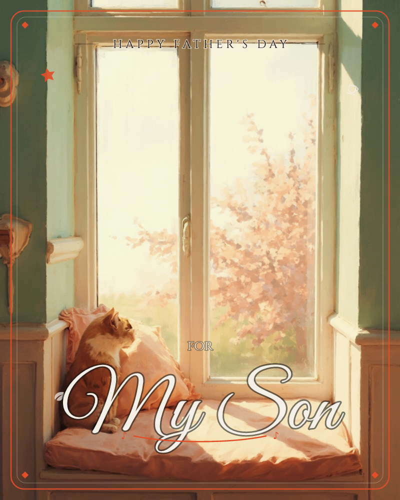 An orange and white cat sits on a peach-cushioned window seat, gazing out at a blossoming pink tree through tall paned windows, a fathersday e-card design
