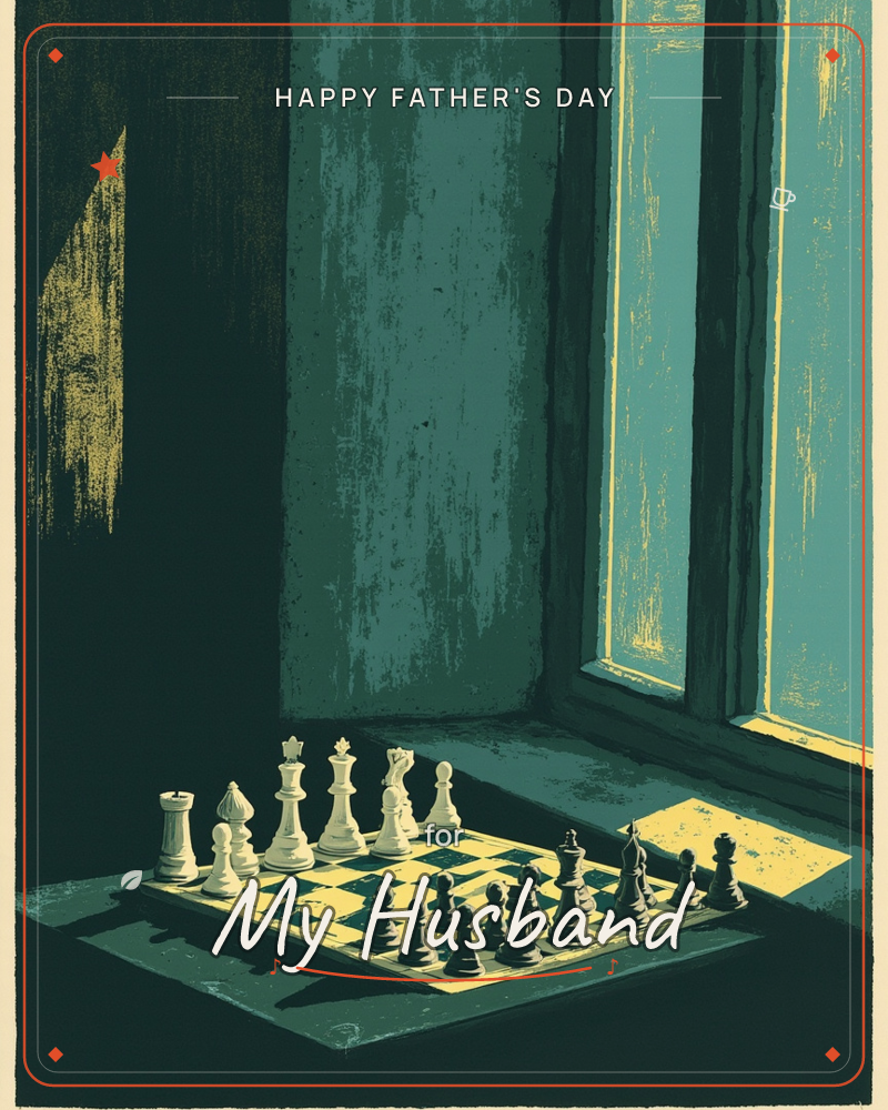 A chessboard sits mid-game on a windowsill, white pieces holding formation against a scattering of black ones near the edge, a fathersday e-card design