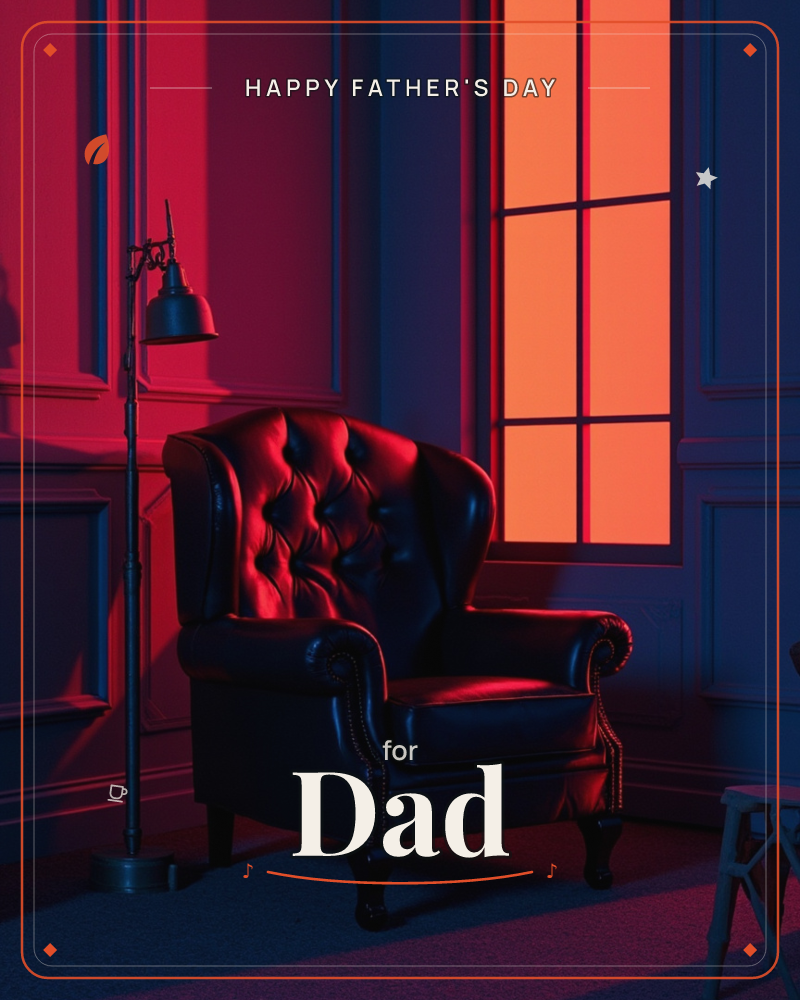 A tufted leather wingback chair sits empty in a shadowy, wood-paneled room, lit by a tall window glowing burnt orange like sunset or firelight beyond it, a fathersday e-card design
