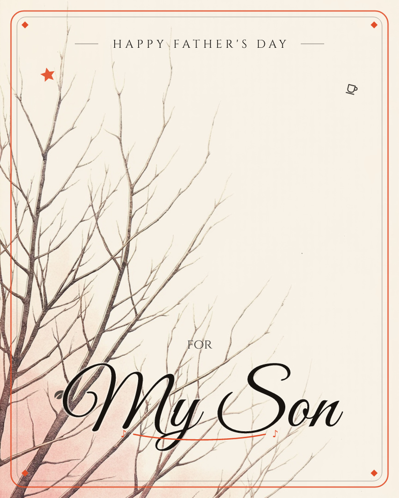 Bare tree branches stretch upward across the left side of the page, their fine twigs rendered in delicate brown ink lines, a fathersday e-card design