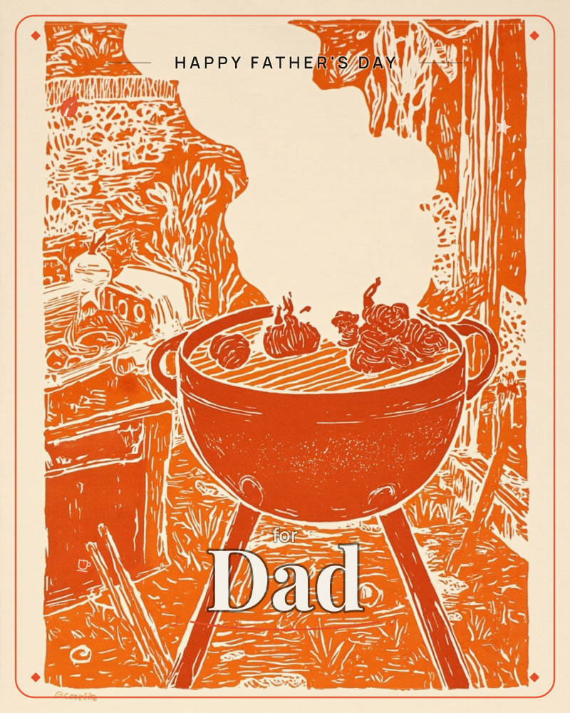 A woodcut-style print in a single burnt-orange tone shows a round grill with legs, its grate piled with vegetables, sitting in a rustic yard scene with…, a fathersday e-card design