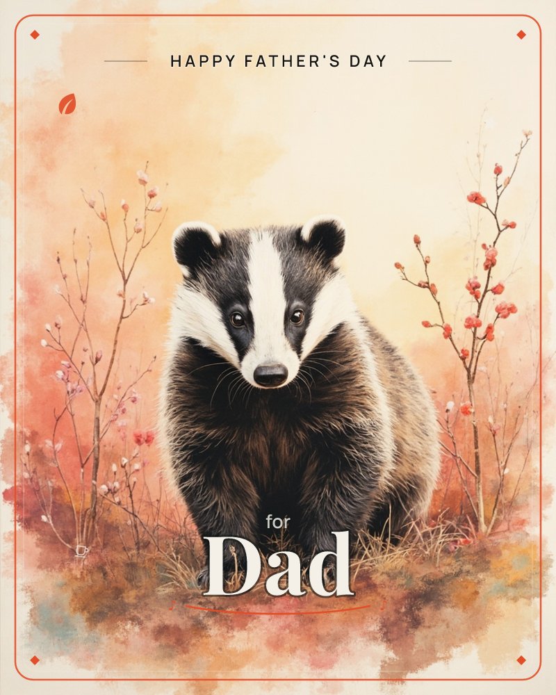 A badger sits low in a patch of autumn grass, its black-and-white striped face turned toward the viewer with a calm, watchful expression, a fathersday e-card design