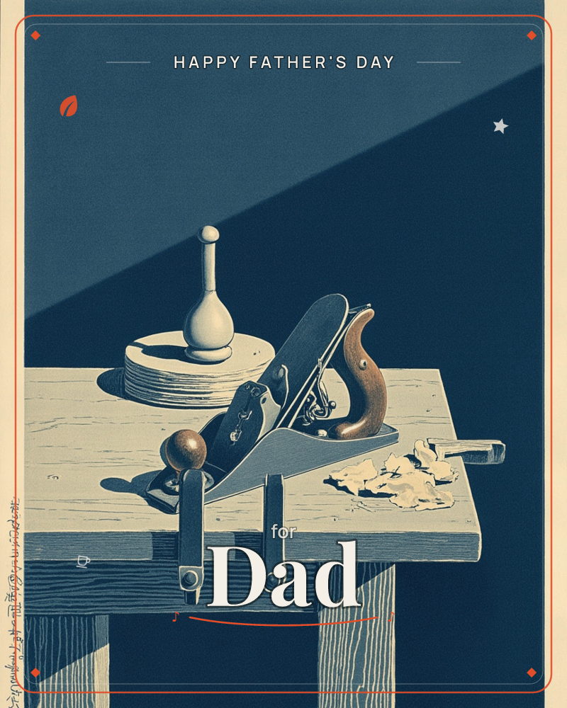 A wooden workbench holds a hand plane with a polished brown handle, curls of pale wood shavings scattered beside it, and a small turned wooden object…, a fathersday e-card design