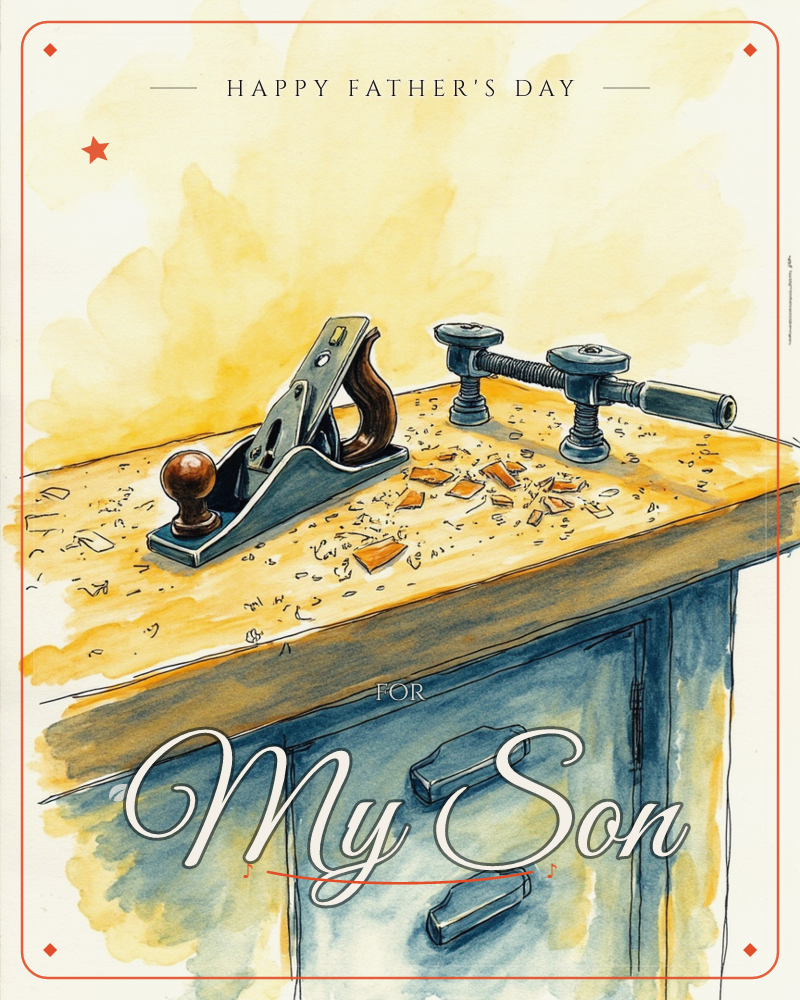 A wooden workbench corner is scattered with curls of wood shavings, a metal hand plane and a small clamp resting on the golden-toned surface, a fathersday e-card design