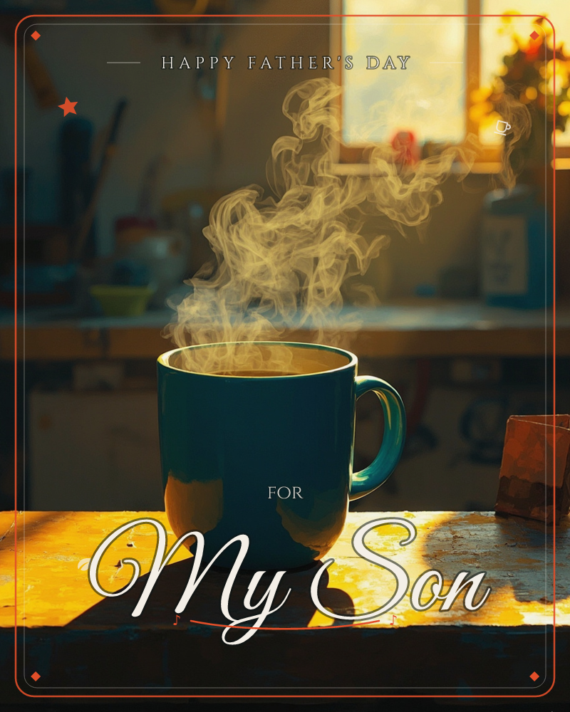 A teal mug of steaming coffee sits on a weathered wooden counter, sunlight streaming low through a window behind it and catching the rising curls of…, a fathersday e-card design