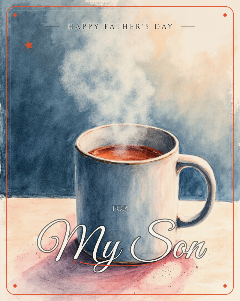 A single white mug sits on a pale pink tabletop against a deep slate-blue wall, steam curling upward in soft pale wisps, a fathersday e-card design