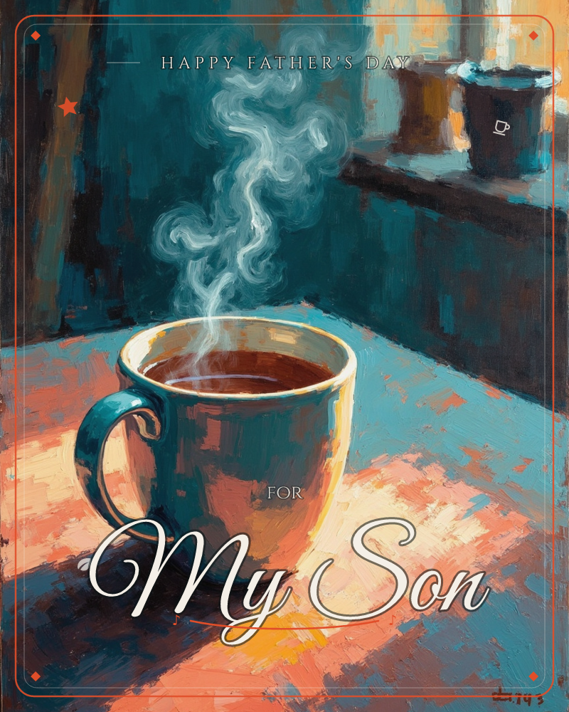 A teal mug of steaming coffee sits on a sunlit wooden table, its curling white steam catching the light against a shadowed blue-green wall, a fathersday e-card design