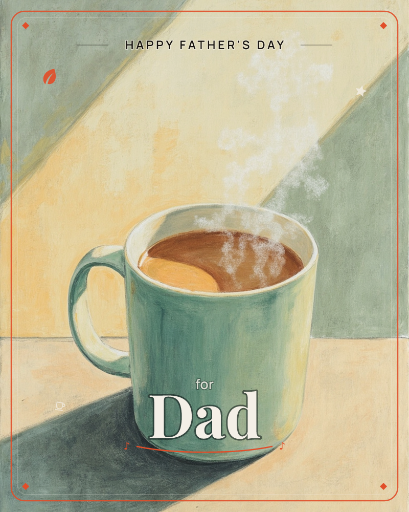 A sage-green mug sits on a cream tabletop against a background of angled cream and grey-green stripes, painted like beams of morning light, a fathersday e-card design
