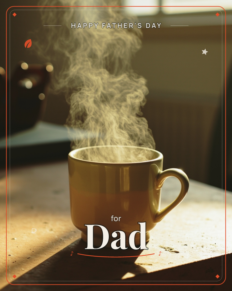 A yellow ceramic mug sits on a wooden table, steam curling upward in thick, sunlit swirls caught by light from a window behind, a fathersday e-card design