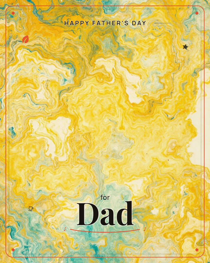 An abstract marbled pattern swirls across the page in molten golds and creams, veined with threads of teal and turquoise, a fathersday e-card design