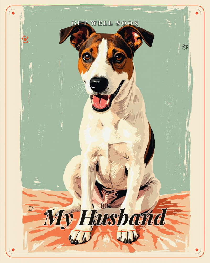 A jack russell terrier sits upright against a brushed sage-green backdrop, ears perked and mouth open in a happy pant, a getwell e-card design