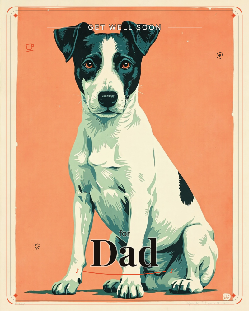 A black-and-white terrier sits upright against a flat coral-orange background, rendered in bold poster-style lines with heavy shading, a getwell e-card design